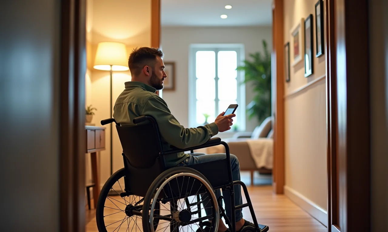 Pessoa em cadeira de rodas controlando luzes por comando de voz em casa acessível.