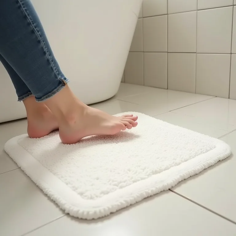 Pessoa escorregando em um tapete de banheiro sem base antiderrapante.
