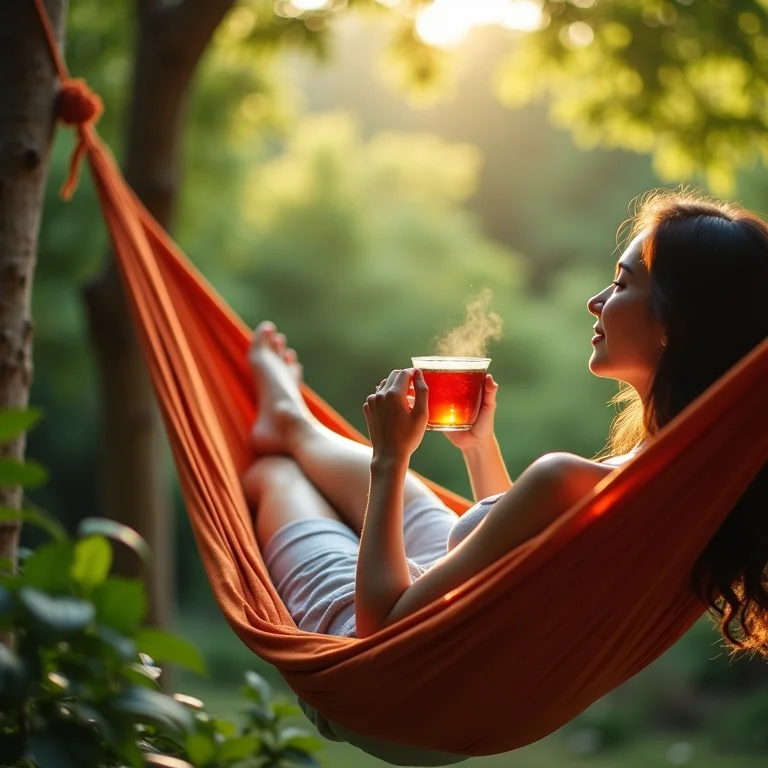 Pessoa relaxando em rede com xícara de chá