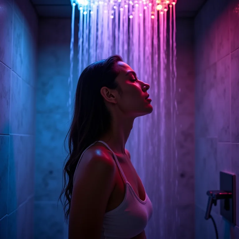 Pessoa relaxando em um banho com chuveiro de LED e cromoterapia