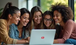 Pessoas assistindo vídeos de finanças no YouTube em um ambiente acolhedor.