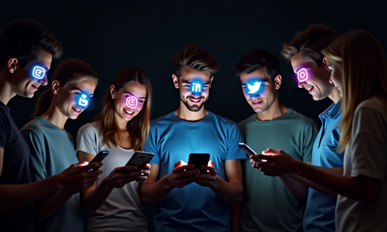 Pessoas diversas olhando para seus smartphones, mostrando a influência das redes sociais.