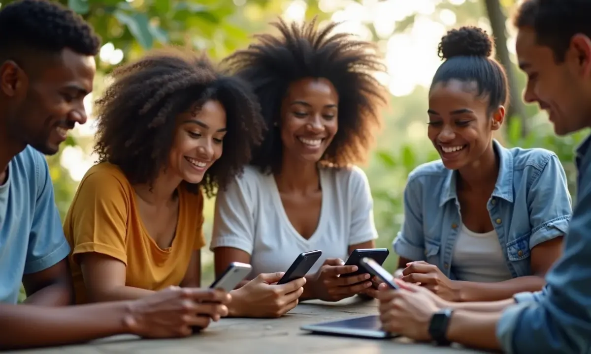 Pessoas interagindo com chatbots em diversos dispositivos com interfaces amigáveis.
