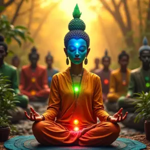 Pessoas meditando em ambientes coloridos, representando o equilíbrio energético da cromoterapia.