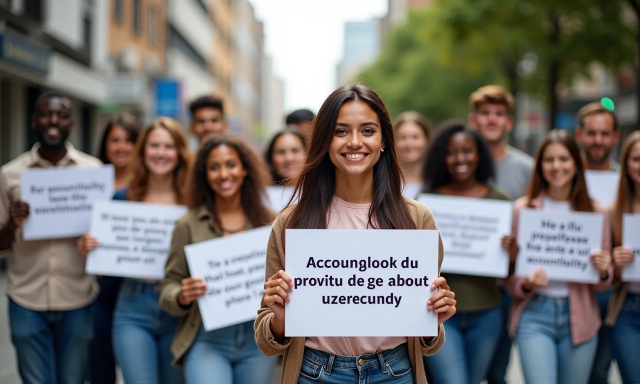 Pessoas segurando cartazes com mensagens positivas sobre responsabilização.
