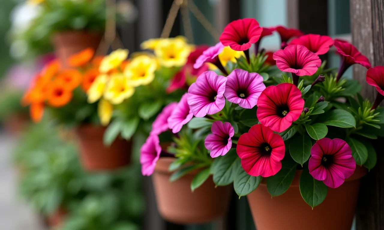 Petúnias coloridas penduradas em vasos.