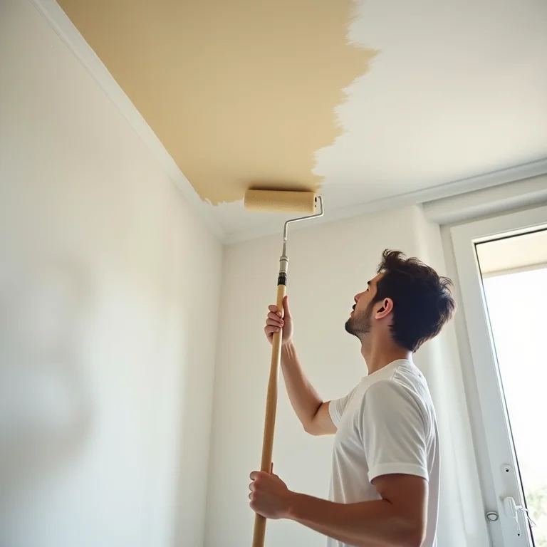 Pintura rápida e eficiente de teto com rolo de longo alcance.