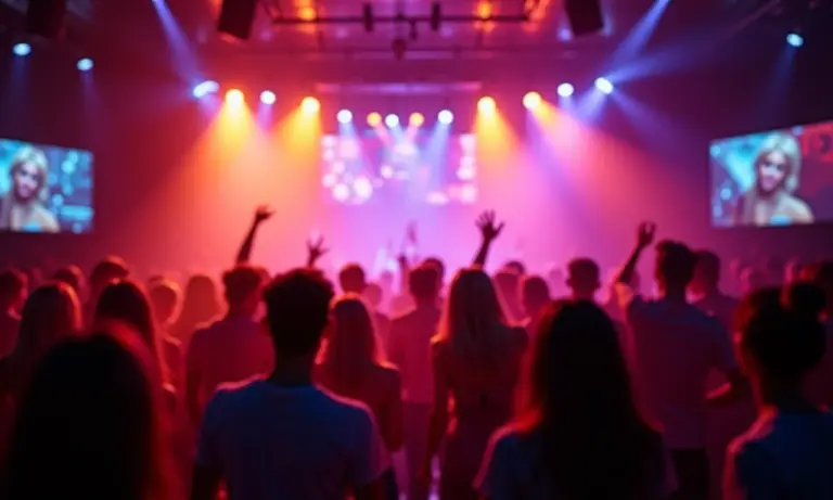 Pista de dança vibrante com iluminação dinâmica e pessoas dançando.
