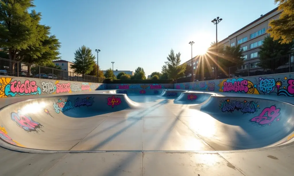 Pista de skate reformada com grafite vibrante e skatistas em ação.