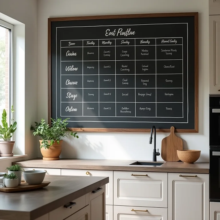 Planejamento de refeições em uma parede lousa na cozinha.