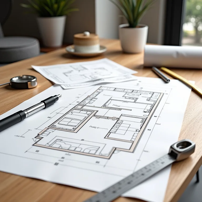 Planta de layout de banheiro com ferramentas de medição e esboços arquitetônicos