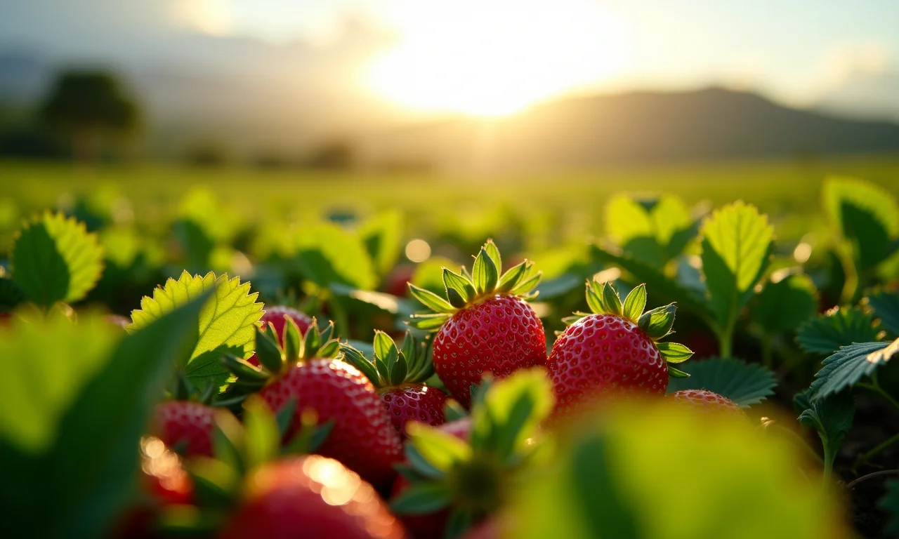 Plantação de morangos no sul do Brasil durante a época ideal.