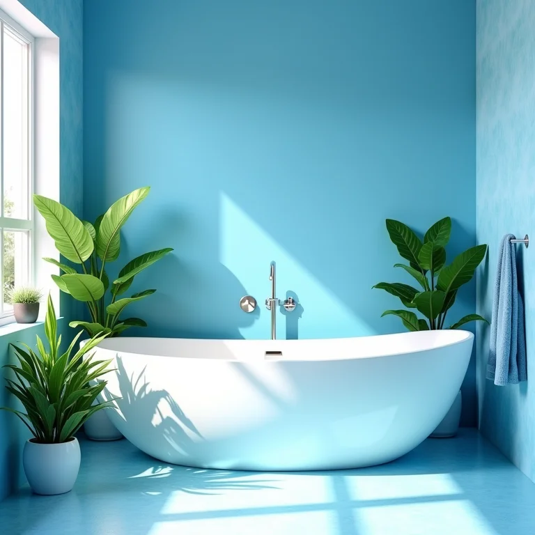 Plantas em um banheiro azul e branco para um toque de frescor