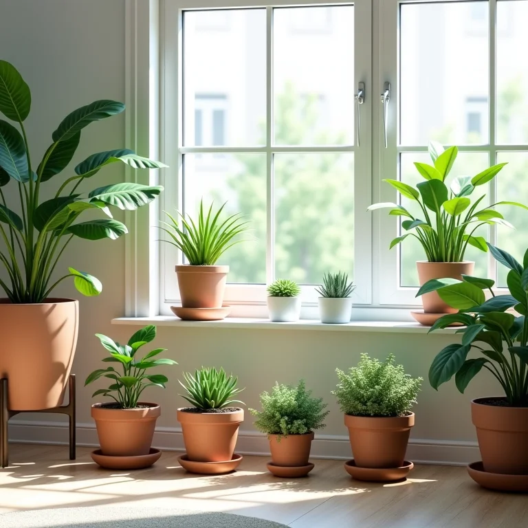 Plantas em vasos na decoração de sala de estar.