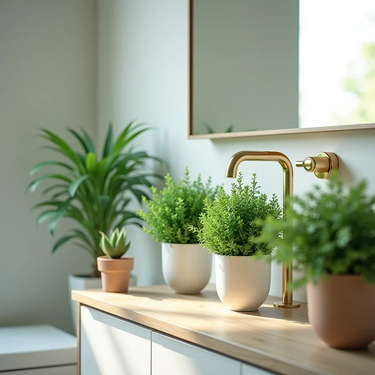 Plantas trazendo vida e frescor para um banheiro pequeno.