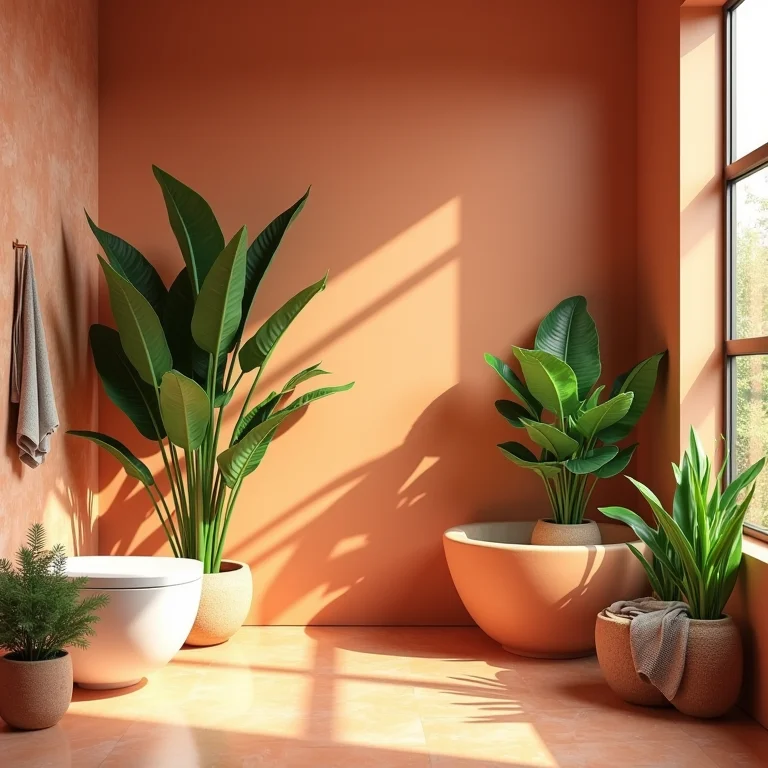 Plantas verdes em banheiro com cor terracota.