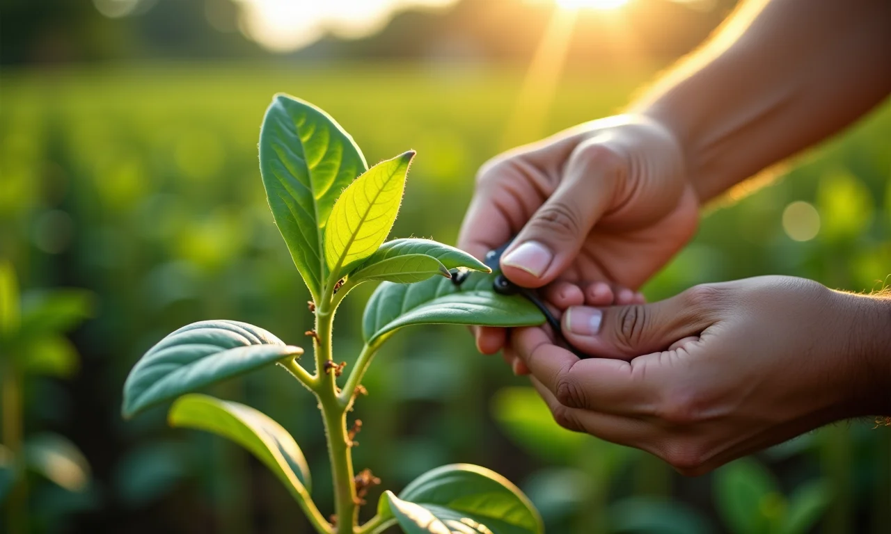 Poda de formação em planta jovem, demonstrando os cortes corretos.