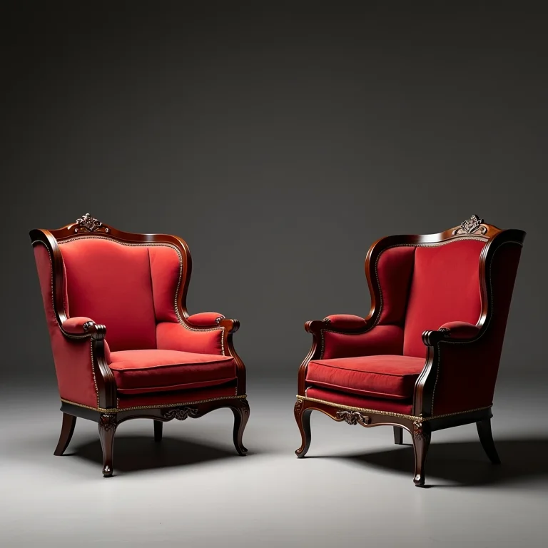 Poltronas Império com estrutura de madeira escura e estofamento de veludo.