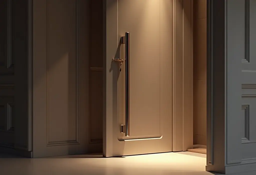 Puxador de porta: o detalhe que transforma seus ambientes Porta pivotante moderna com puxador de aço inox