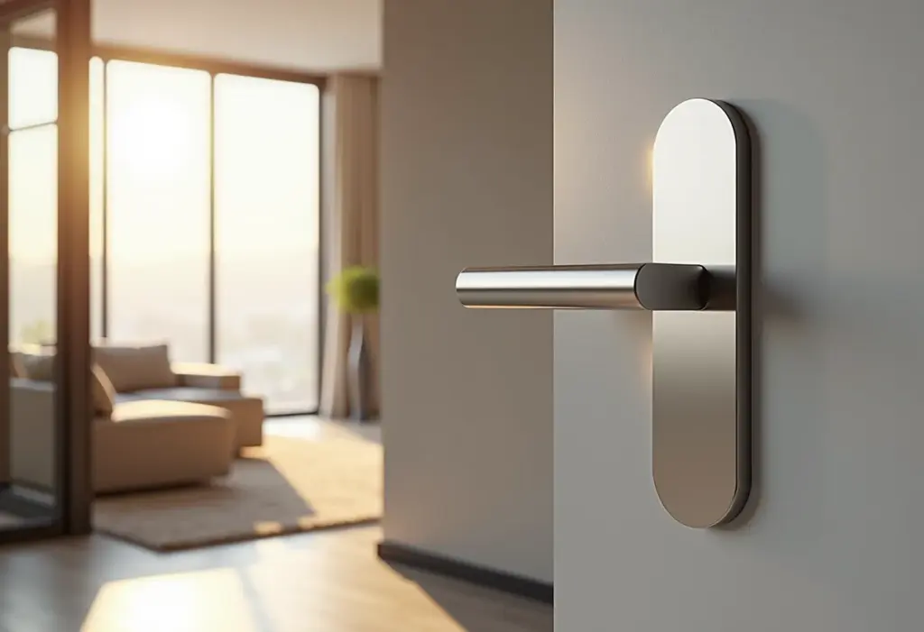 Puxador de porta: o segredo para renovar sua casa sem gastar Porta pivotante moderna com puxador elegante em aço inox