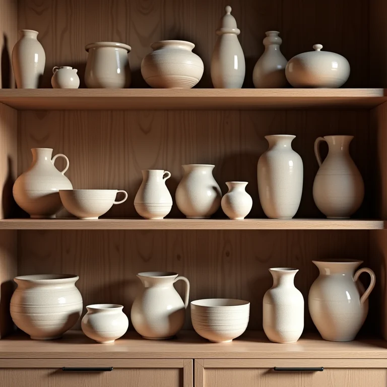 Prateleira com cerâmicas artesanais e objetos de família.