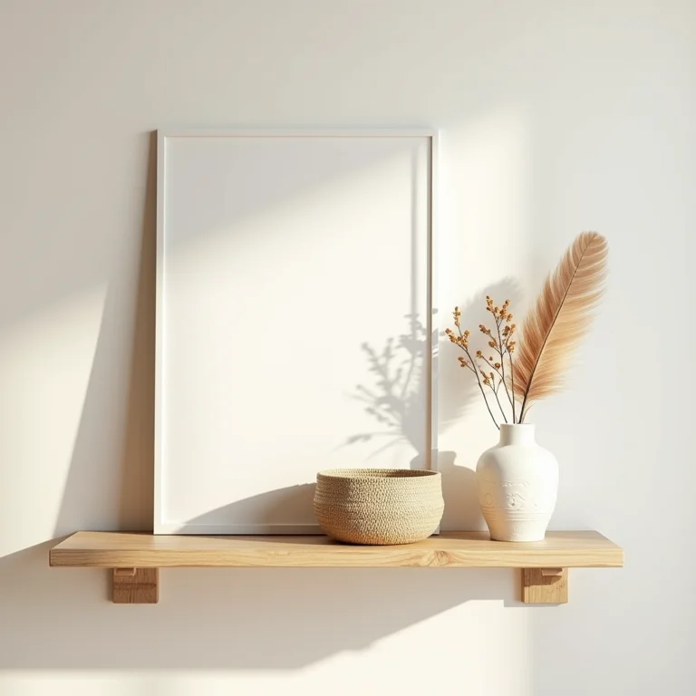Prateleira minimalista com decoração boho equilibrada