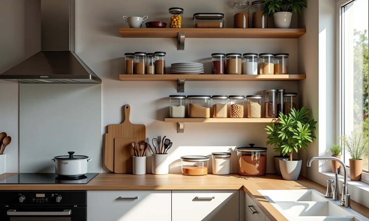 Prateleiras de despensa organizadas dentro de uma torre quente, com recipientes rotulados.