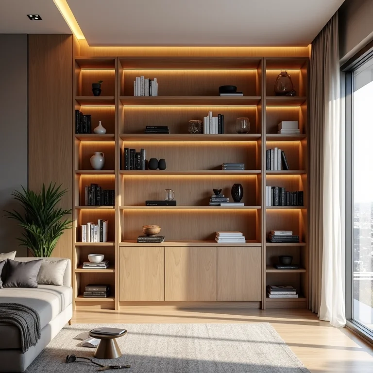 Prateleiras e nichos verticais maximizando o espaço em um apartamento studio.