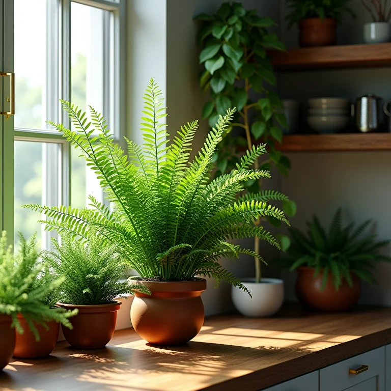 Prateleiras verdes com samambaias na cozinha.
