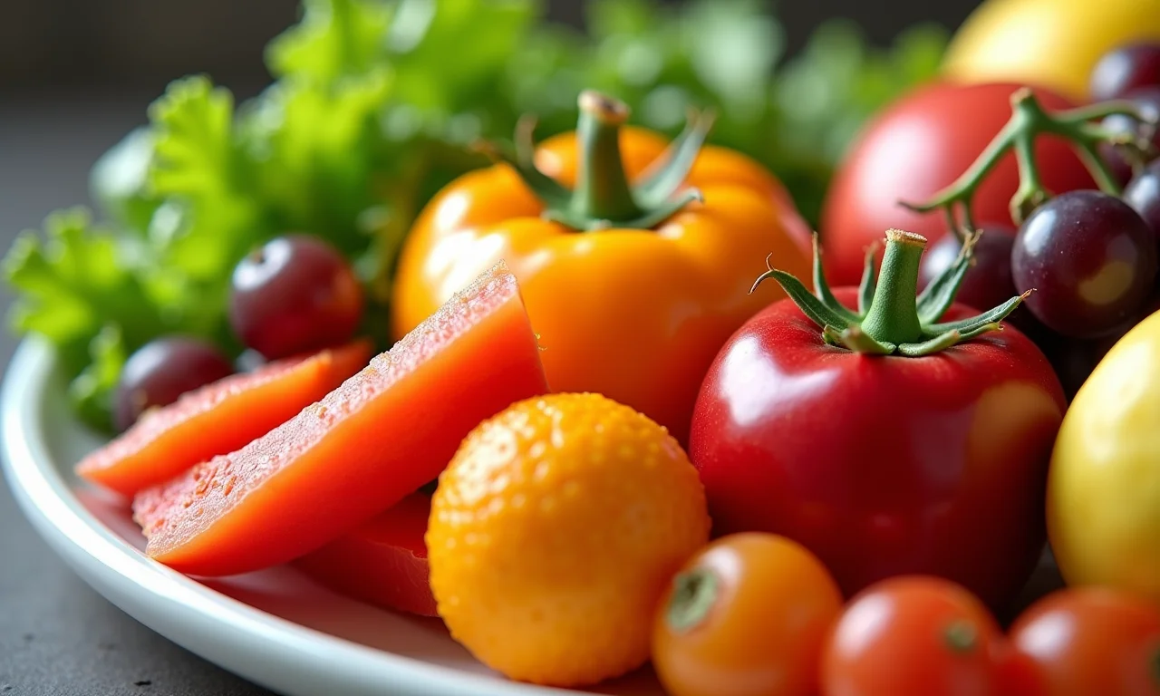 Prato colorido com frutas e vegetais orgânicos frescos.