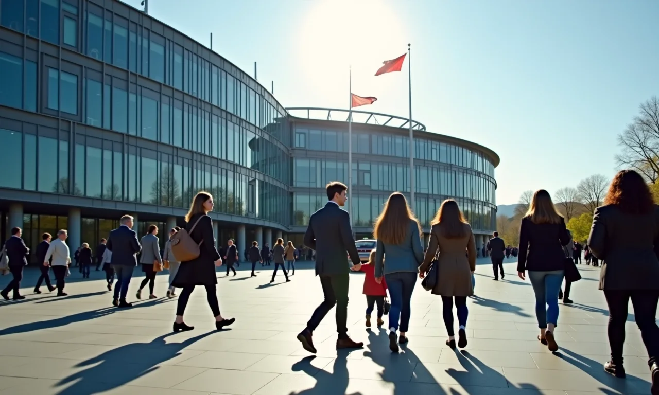 Prédio moderno do Parlamento Europeu, com pessoas diversas passando, representando desafios e perspectivas atuais.