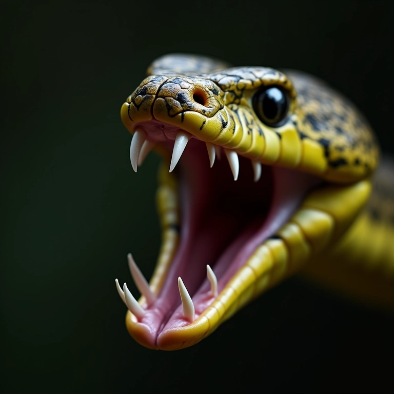 Presas solenóglifas de uma víbora, retráteis e eficientes na injeção de veneno.