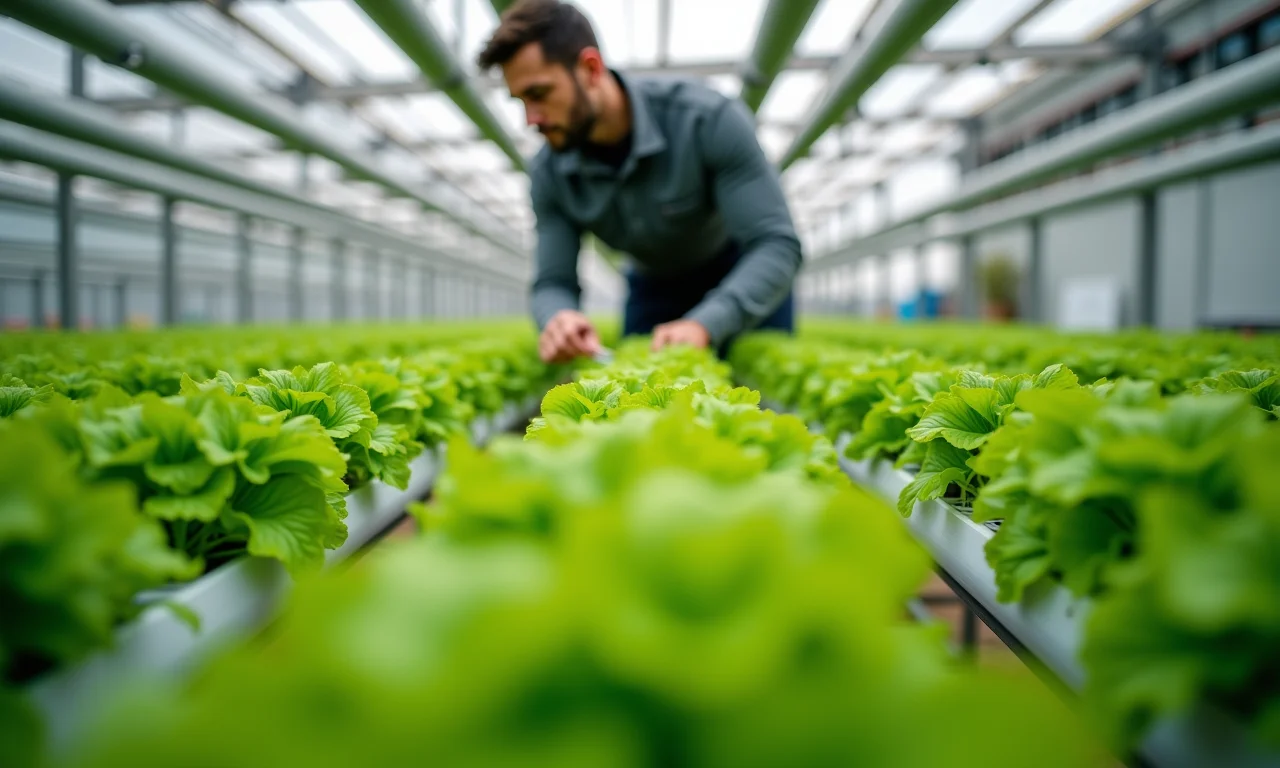 Produtor rural inspecionando verduras especiais em sistema hidropônico, definindo seu nicho de mercado.