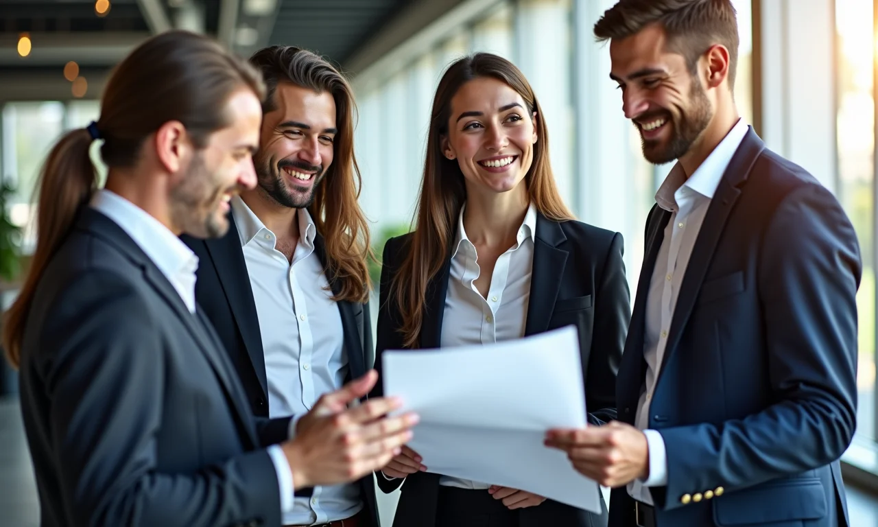 Profissionais diversos discutindo documento MEI, representando a opção de contratar um contador.