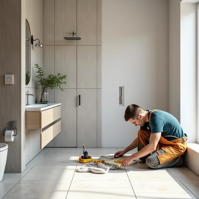 Profissional qualificado instalando revestimentos em um banheiro.