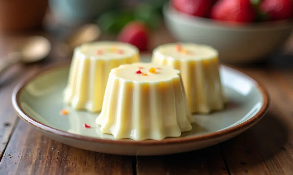 Pudim cremoso de chocolate branco, pronto para ser saboreado.