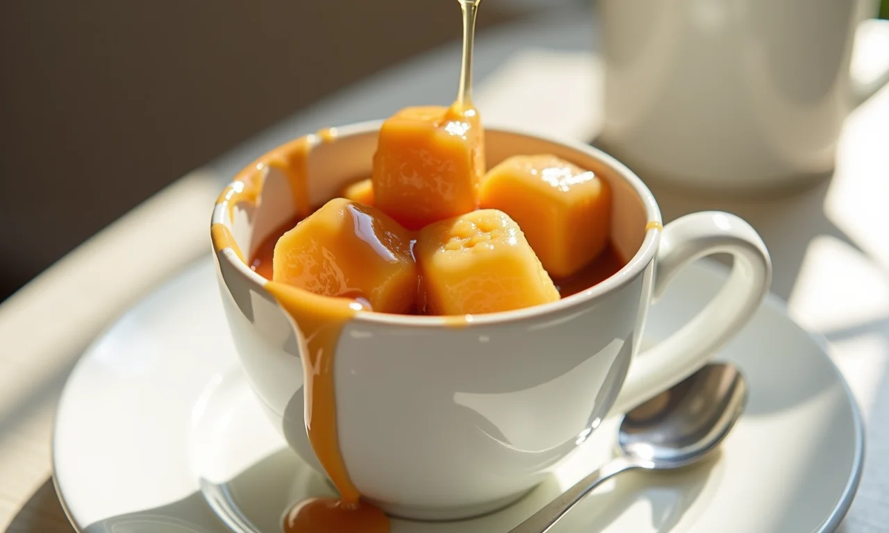 Pudim de caneca com calda de caramelo dourada em uma caneca de cerâmica branca.