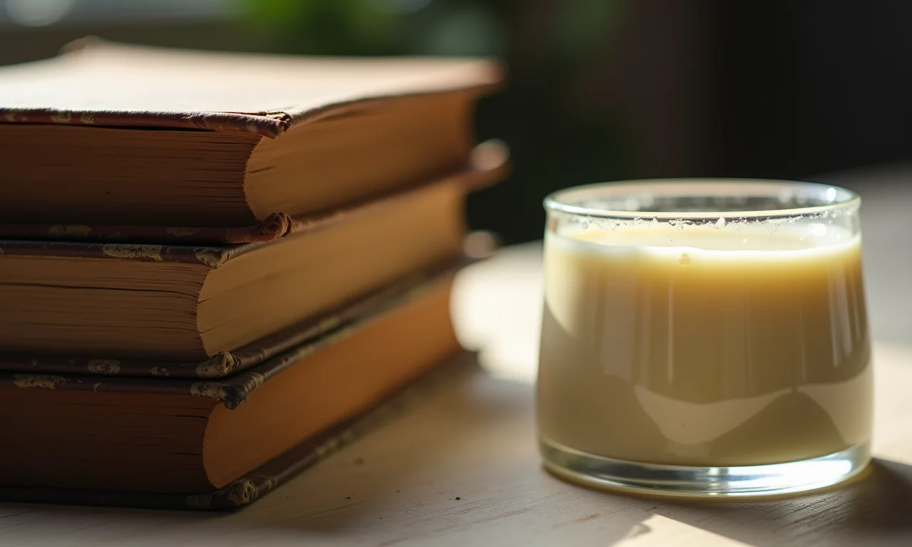 Pudim de chocolate branco ao lado de livros antigos, representando a história da sobremesa.