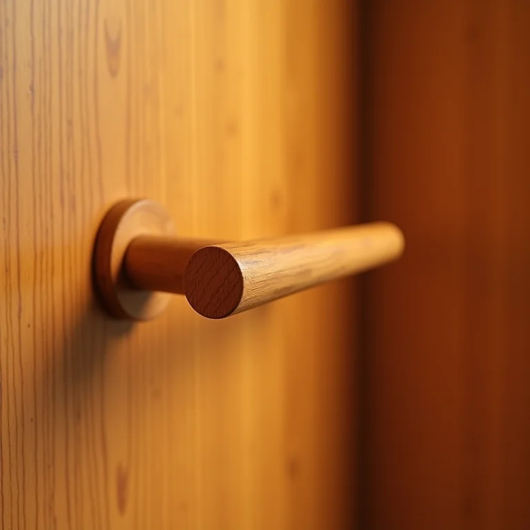 Puxador de madeira em porta de madeira natural