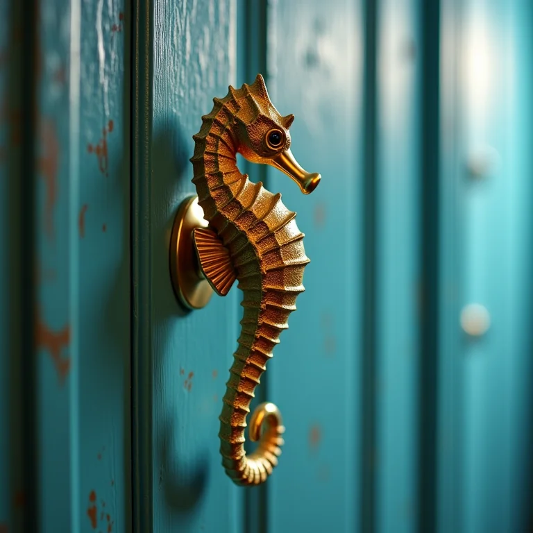 Puxador temático de cavalo-marinho em porta de banheiro