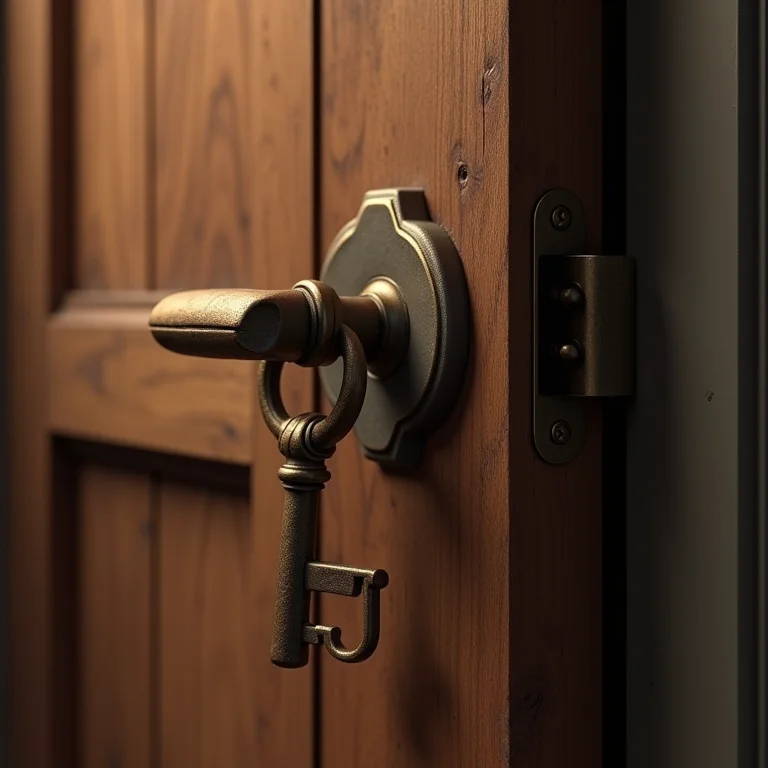 Puxador temático em formato de chave vintage em porta rústica