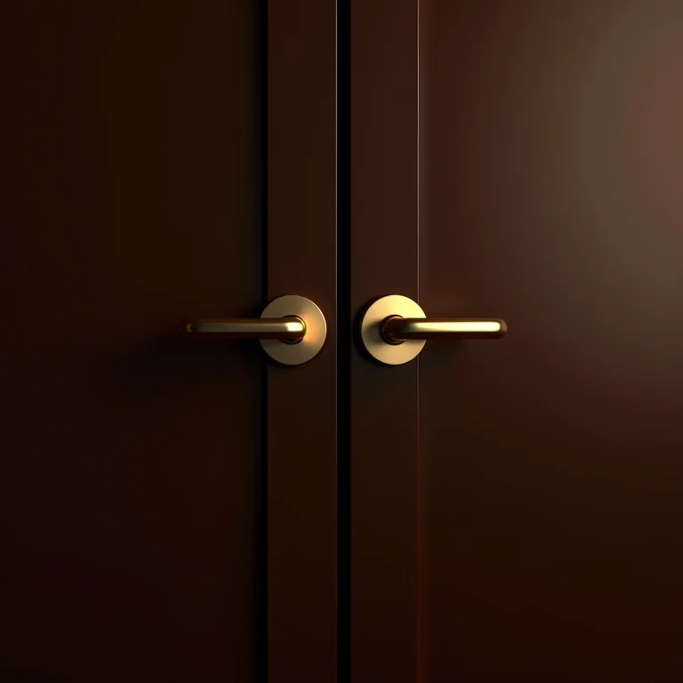 Puxadores duplos em porta pivotante de madeira escura