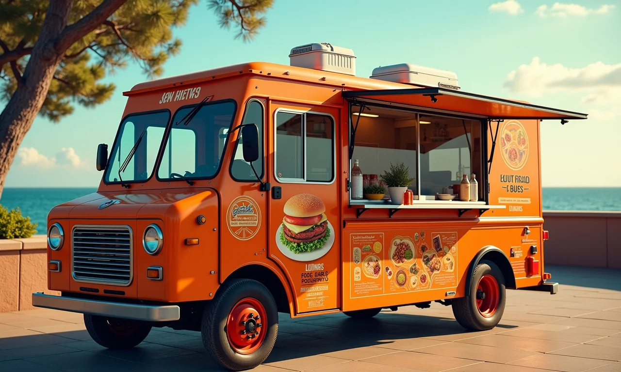 Quadros e pôsteres temáticos decoram o interior de um food truck, criando um ambiente acolhedor.