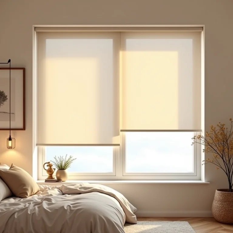 Quarto aconchegante com cortina rolô.