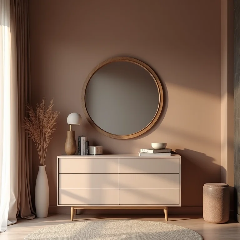 Quarto aconchegante com espelho redondo sobre a cômoda.