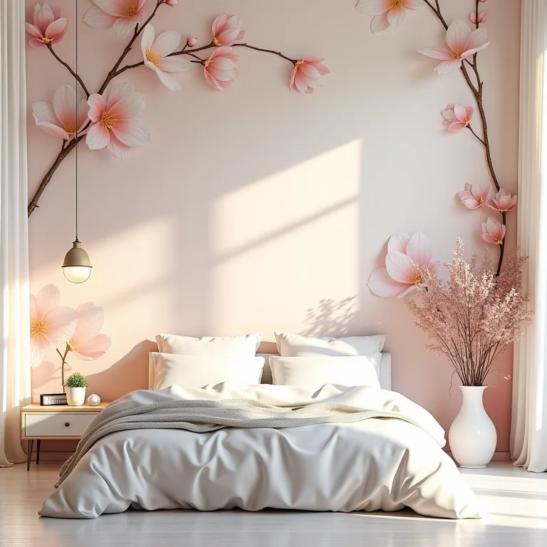 Quarto aconchegante com papel de parede 3D floral.