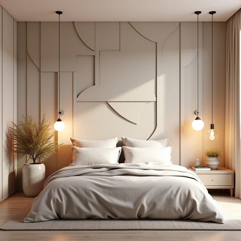 Quarto aconchegante com papel de parede 3D geométrico