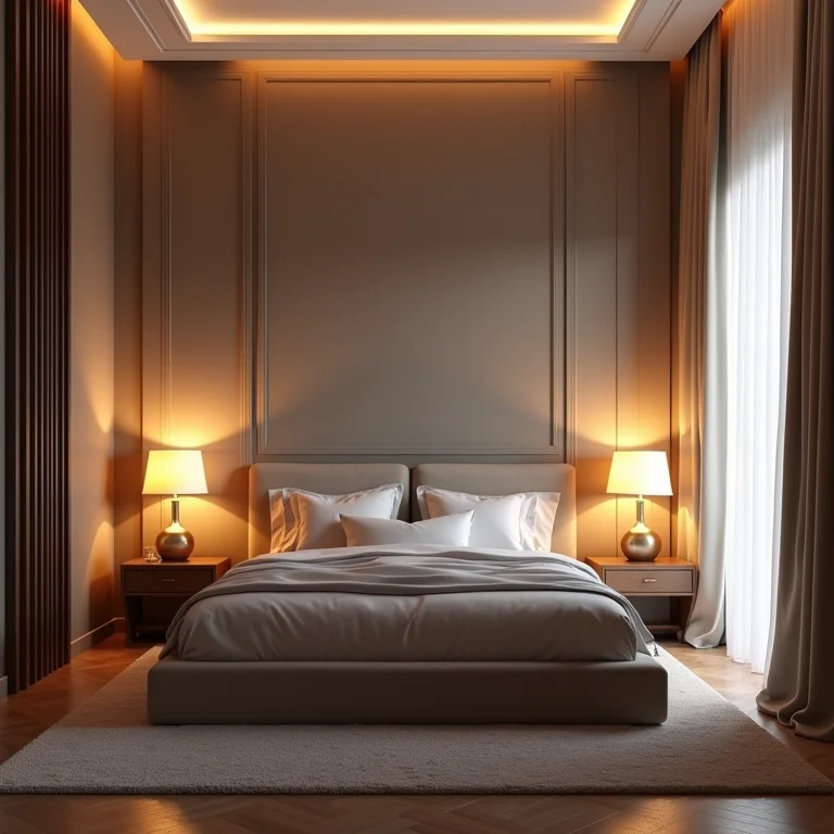 Quarto clássico com iluminação estratégica e suave