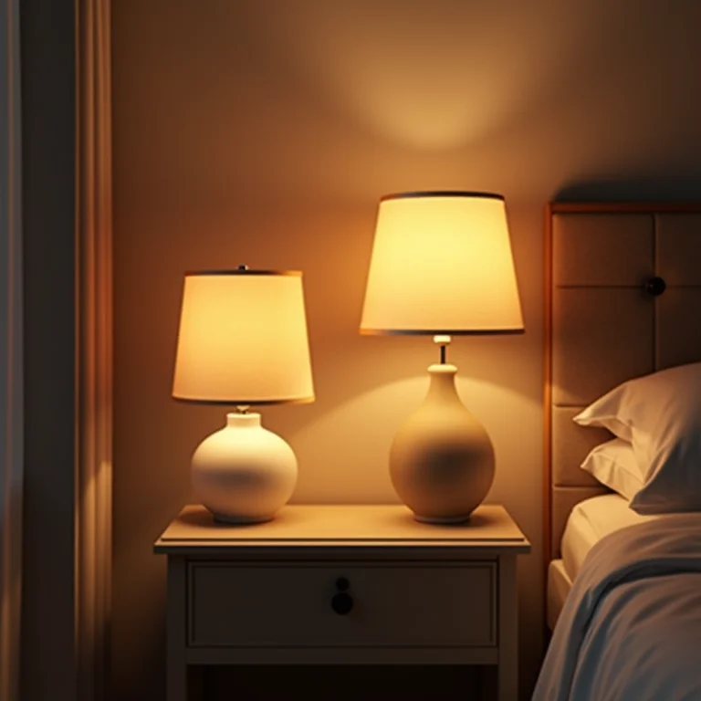 Quarto com abajures com cúpulas de tecido.