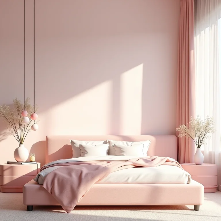 Quarto com móveis em laca de tons pastel.